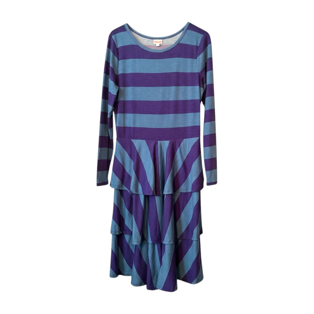 Lularoe Purple Striped Dress - Long Sleeves, Tiered Ruffle Skirt - XL - EUC